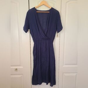 CP SHADES Navy Blue Tais Linen Midi Wrap Dress Short Sleeve Size XS